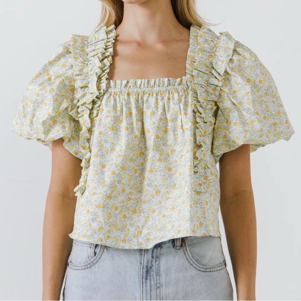 English Factory Yellow Floral Ruffle Blouse